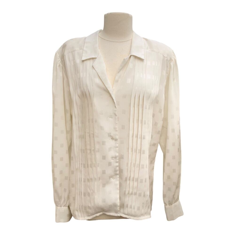Vintage Liz Claiborne Ivory Satin Blouse Pleated Quiet Luxury Office Career 10